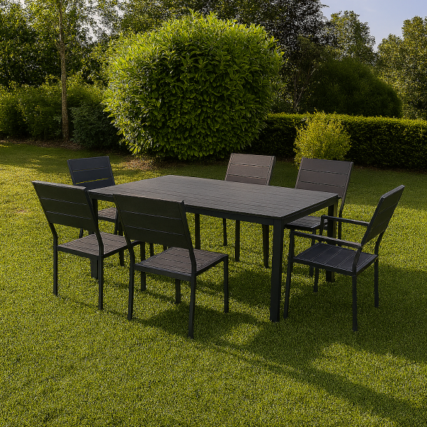 Vista ambientata set pranzo tavolo messico 158x78 con 4 sedie senza braccioli, 2 con braccioli messico con struttura in metallo e polietilene effetto legno 