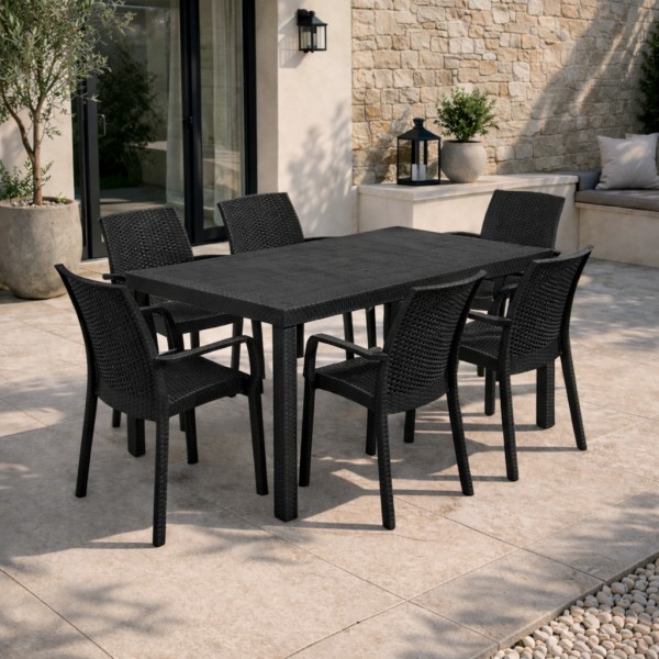 Ambientata set pranzo tavolo huston 150x90 con 6 sedie indiana con braccioli in polipropilene 