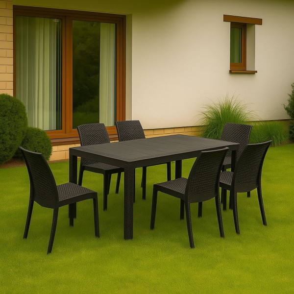 Ambientata set pranzo tavolo huston 150x90 con 6 sedie senza braccioli virginia in polipropilene