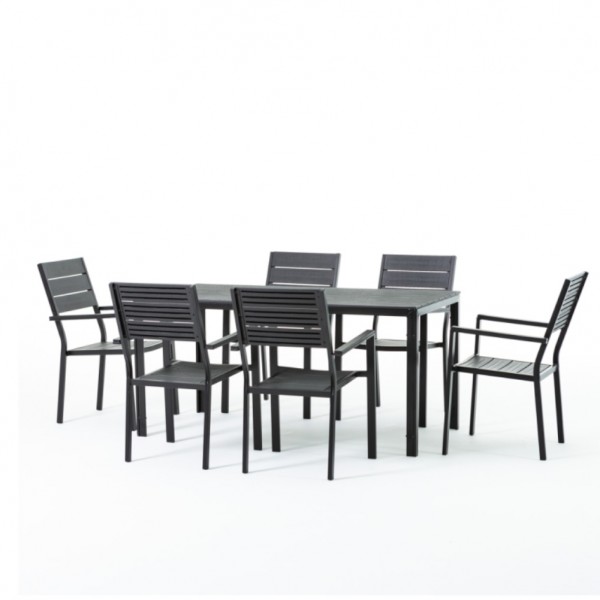 set pranzo tavolo messico 158x78 con 6 sedie con braccioli messico con struttura in metallo e polietilene effetto legno