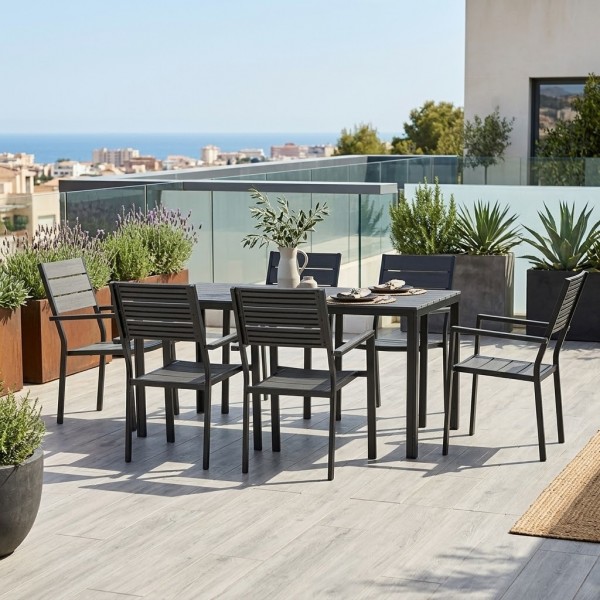 Vista ambientata set pranzo tavolo messico 158x78 con 6 sedie con braccioli messico con struttura in metallo e polietilene effetto legno