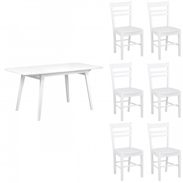 set tavolo in legno allungabile ester 120/160 con 6 sedie in legno petra bianco
