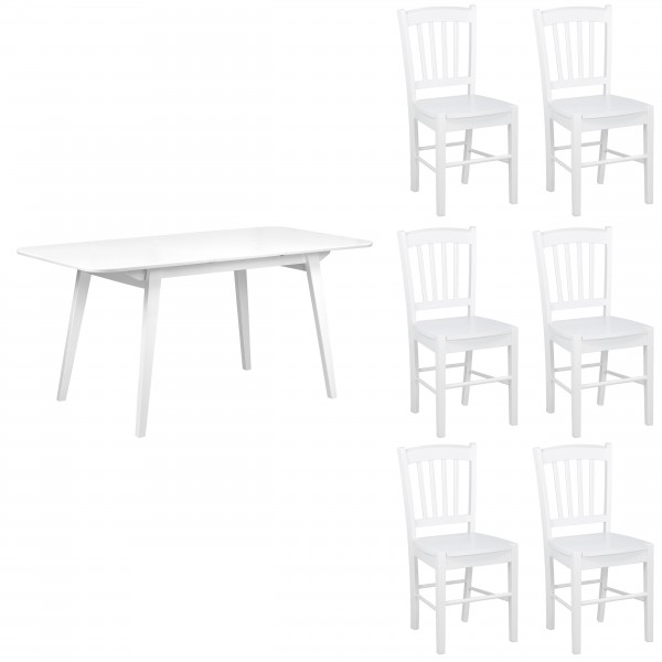 set tavolo in legno allungabile ester 120/160 con 6 sedie in legno silvia bianco