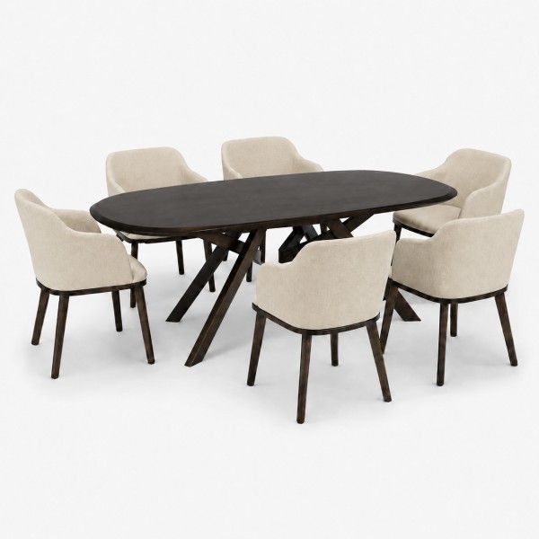 Vista ambientata Set da pranzo in legno massello con tavolo Lipari 180 cm e poltroncine Tevere Totò Piccinni