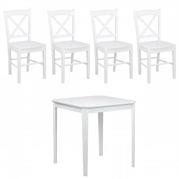 set tavolo in legno teo 75 e 4 sedie in legno kit creta  bianco