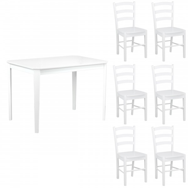 set tavolo in legno teo 110 con 6 sedie in legno veneta bianco