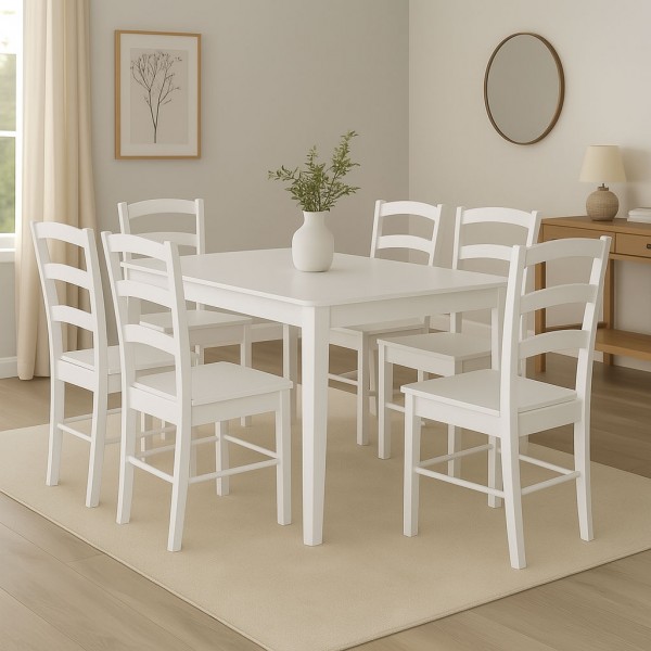 set tavolo in legno teo 110 con 6 sedie in legno veneta bianco