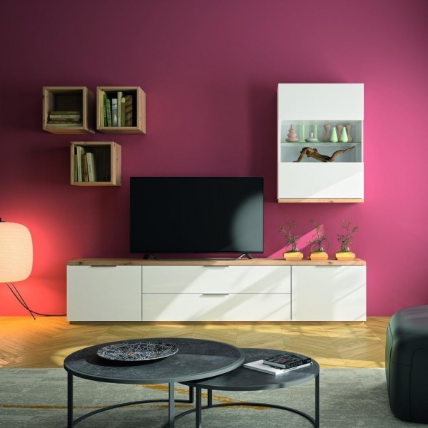 parete tv 240 2 ante 2 ribalte e cubi in legno bianco laccato/rovere riviera modello Orbis Totò Piccinni