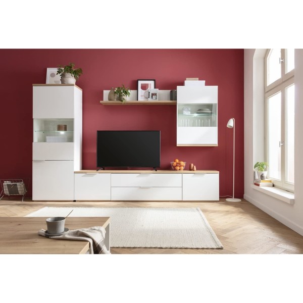 parete tv moderna 5 ante 2 ribalte 2 mensola in legno bianco laccato/rovere riviera modello Orbis Totò Piccinni