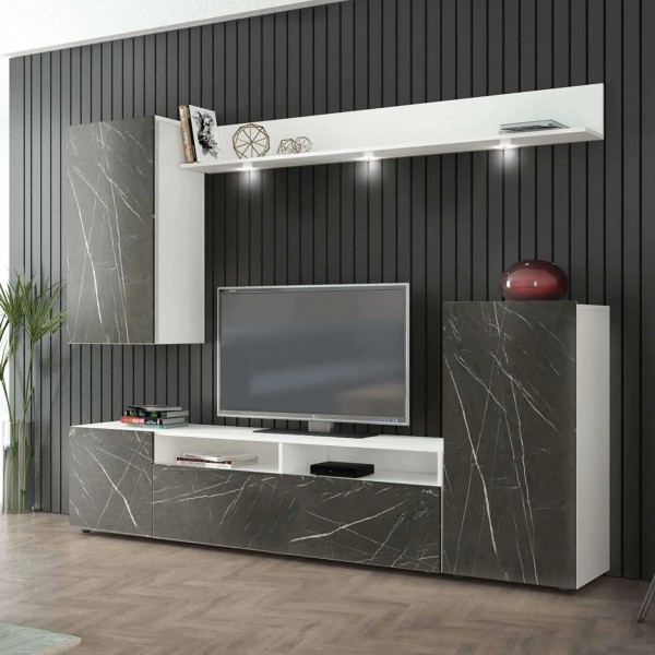 Parete Attrezzata Porta Tv colore "Bianco/Marmo Grigio" modello Bridge Totò Piccinni