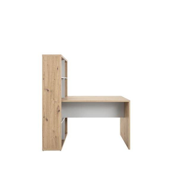Vista frontale Scrivania con scaffali in legno colore Rovere Artisan con 8 vani modello Aura Totò Piccinni
