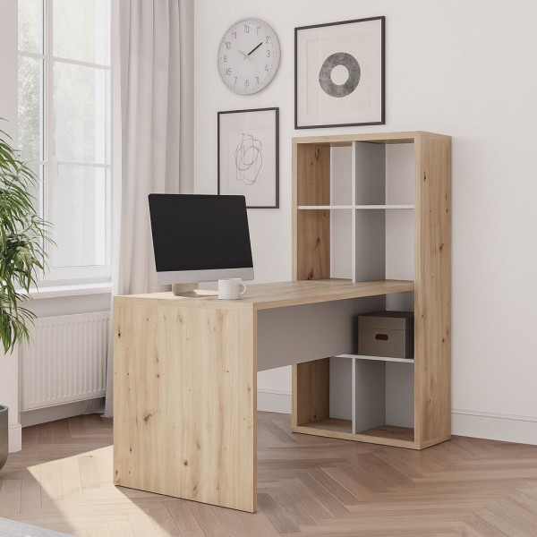 Vista ambientata Scrivania con libreria in legno colore Rovere Artisan con 8 vani modello Aura Totò Piccinni