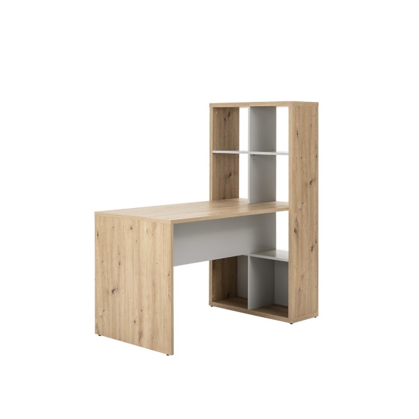 Vista diagonale Scrivania con libreria in legno colore Rovere Artisan con 8 vani modello Aura Totò Piccinni