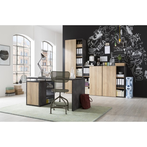 Vista ambientata Scrivania in legno colore "Rovere/Cemento" 1 ante e 3 vani modello Sydney Totò Piccinni