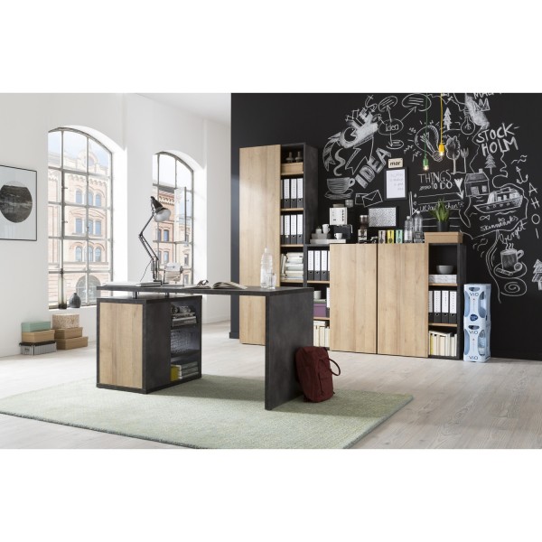 Vista ambientata Scrivania per computer in legno colore "Rovere/Cemento" 1 ante e 3 vani modello Sydney Totò Piccinni