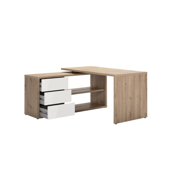 Vista diagonale Scrivania angolare in legno colore "Bianco Laccato/Artisan" 3 cassetti e 2 vani modello Verona Totò Piccinni