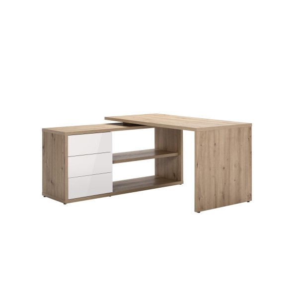 Vista diagonale Scrivania angolare in legno colore "Bianco Laccato/Artisan" 3 cassetti e 2 vani modello Verona Totò Piccinni