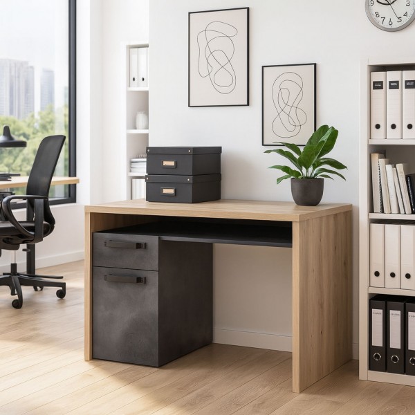 Vista ambientata Scrivania ufficio in legno colore "Rovere Artisan/Cemento" 1 cassetto e 1 anta modello Sylva Totò Piccinni