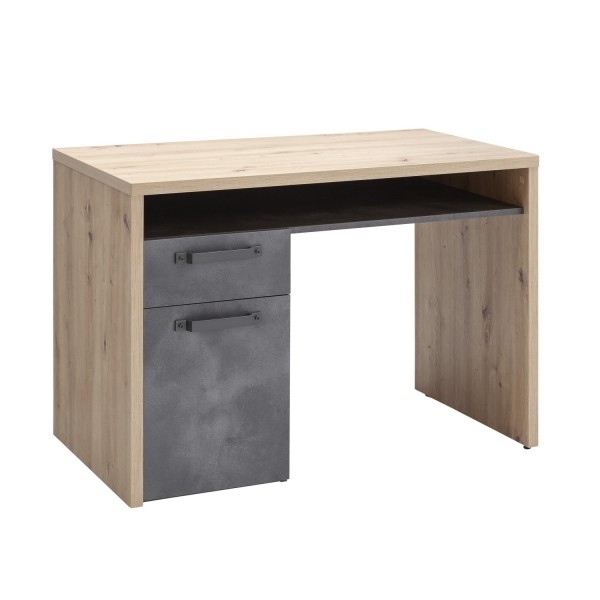 Vista diagonale Scrivania ufficio in legno colore "Rovere Artisan/Cemento" 1 cassetto e 1 anta modello Sylva Totò Piccinni