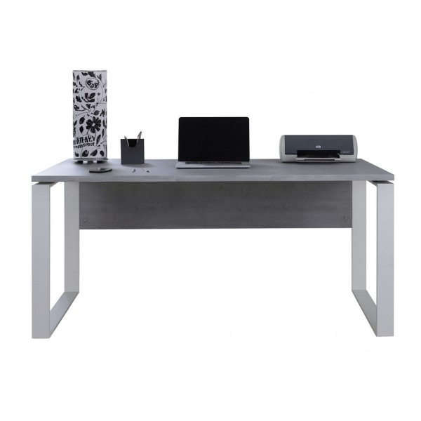 Vista frontale Scrivania da ufficio in legno colore Cemento con gambe bianche modello Toronto Totò Piccinni