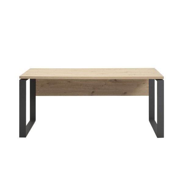 Vista frontale Scrivania per cameretta in legno colore Rovere Miele con gambe in metallo nere modello Toronto Totò Piccinni