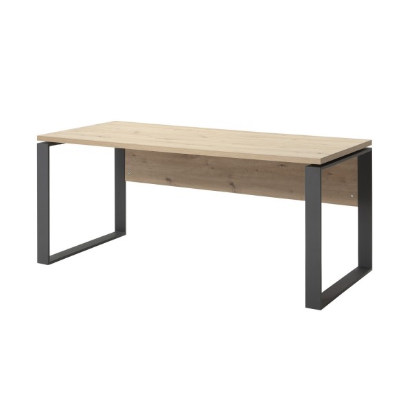 Vista diagonale Scrivania da ufficio in legno colore Rovere Miele con gambe in metallo nere modello Toronto Totò Piccinni