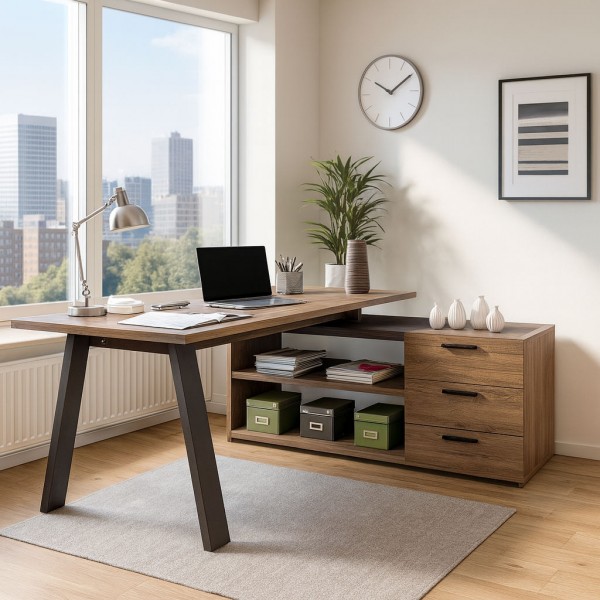 Vista ambientata Scrivania da ufficio in legno colore "Noce Brera/Nero Chalet" 3 cassetti e 2 vani modello Bali Totò Piccinni