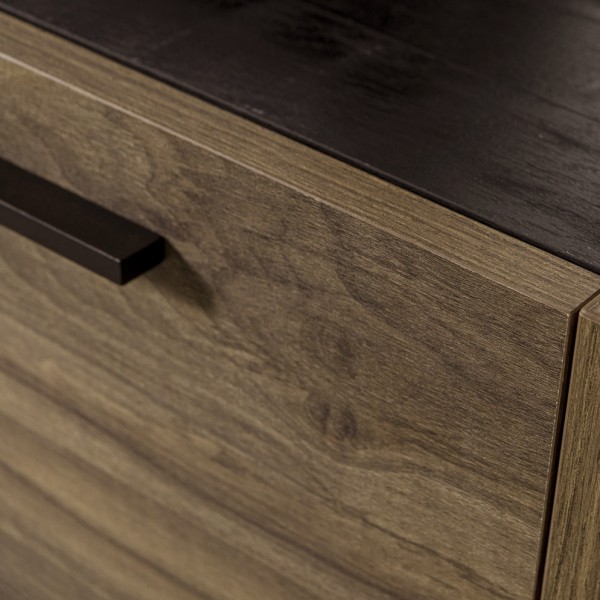 Dettaglio Scrivania da ufficio in legno colore "Noce Brera/Nero Chalet" 3 cassetti e 2 vani modello Bali Totò PiccinniScrivania da ufficio in legno colore "Noce Brera/Nero Chalet" 3 cassetti e 2 vani modello Bali Totò Piccinni