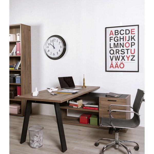 Vista ambientata Scrivania in legno colore "Noce Brera/Nero Chalet" 3 cassetti e 2 vani modello Bali Totò Piccinni