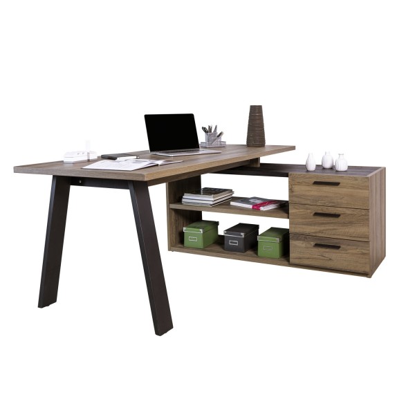 Vista diagonale Scrivania da ufficio in legno colore "Noce Brera/Nero Chalet" 3 cassetti e 2 vani modello Bali Totò Piccinni
