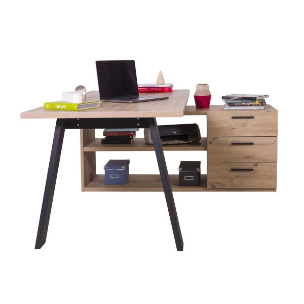 ista frontale Scrivania angolare in legno colore Rovere Artisan con cassettiera 3 cassetti e 2 vani modello Alba Totò Piccinni