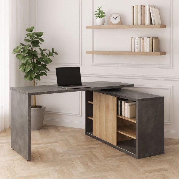 Vista ambientata Scrivania angolare moderna in legno colore "Rovere/Cemento" modello Sydney Totò Piccinni