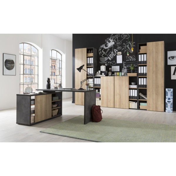 Vista diagonale Scrivania per computer in legno colore "Rovere/Cemento" modello Sydney Totò Piccinni
