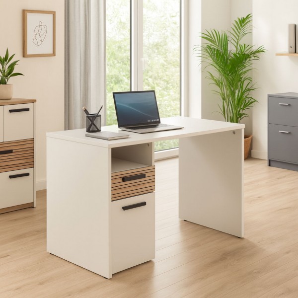 Vista ambientata Scrivania da ufficio in legno colore "Cannettato/Cashmere" con 1 vano e 1 anta modello Zefiro Totò Piccinni