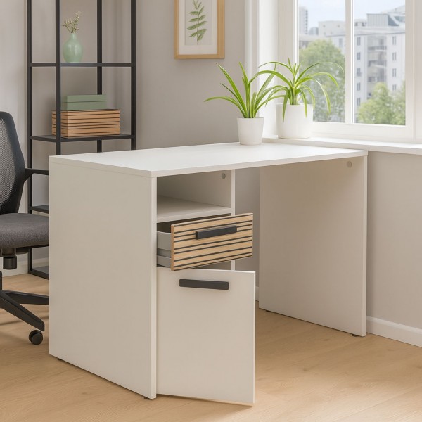 Vista ambientata Scrivania da ufficio in legno colore "Cannettato/Cashmere" con 1 vano e 1 anta modello Zefiro Totò Piccinni