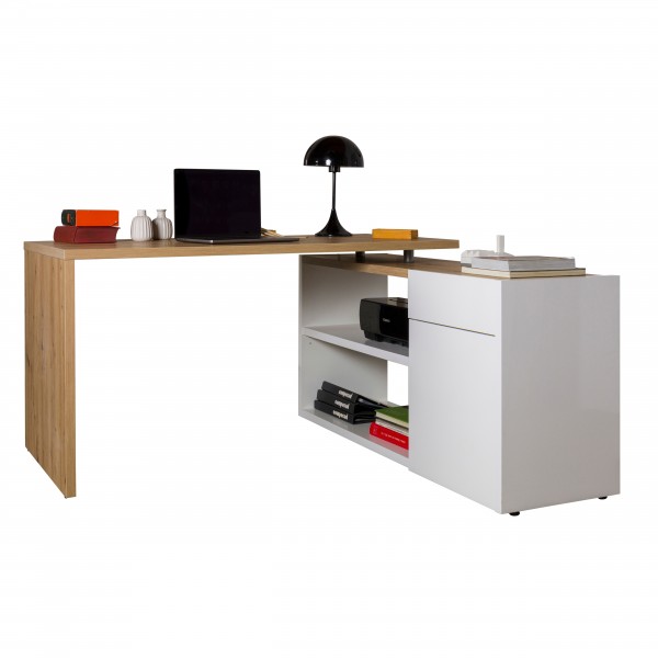 Vista diagonale Scrivania ad angolo colore "Bianco Laccato/Rovere Artisan" in legno con 1 cassetto e 1 anta modello Apex Totò Piccinni