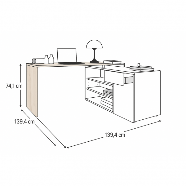 Specifica Dimensioni con cassetto aperto Scrivania ad angolo colore "Bianco Laccato/Rovere Artisan" in legno con 1 cassetto e 1 anta modello Apex Totò Piccinni