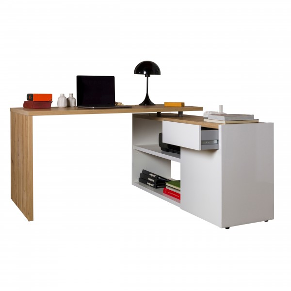 Vista diagonale con cassetto aperto Scrivania ad angolo colore "Bianco Laccato/Rovere Artisan" in legno con 1 cassetto e 1 anta modello Apex Totò Piccinni