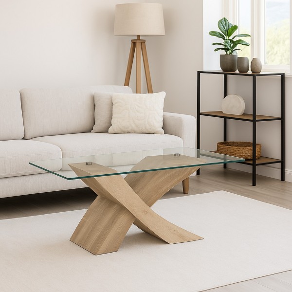 Tavolino da Salotto FOX piano in vetro temperato design Moderno (Rovere Sbiancato Rettangolare