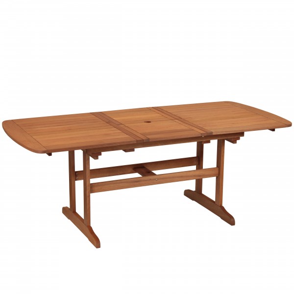 Vista diagonale allungato Tavolo allungabile in legno di Eucalipto da giardino modello Unity Totò Piccinni