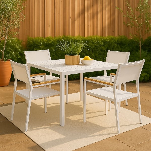 Set pranzo tavolo allungabile in alluminio 90/180 con 4 sedia con braccioli effetto legno