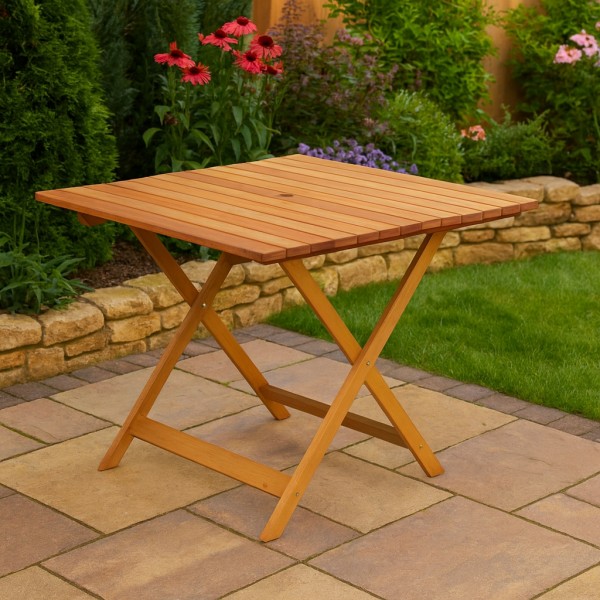 Vista ambientata Tavolo Fisso in legno di Eucalipto da giardino modello Victoria Totò Piccinni