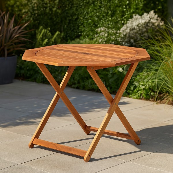 Vista ambientata Tavolo Pieghevole in legno di Eucalipto da giardino modello 4 Stagioni Totò Piccinni