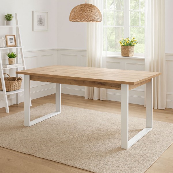 Vista ambientata Tavolo allungabile in legno colore Rovere Artisan con gambe in ferro bianche Totò Piccinni