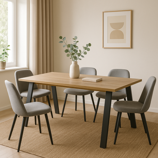 Vista ambientata tavolo con gambe in metallo e piano in rovere modello Icaro Totò Piccinni