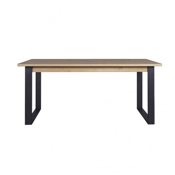 Vista frontale tavolo allungabile in legno rovere miele con gambe nere modello Kroma Totò Piccinni
