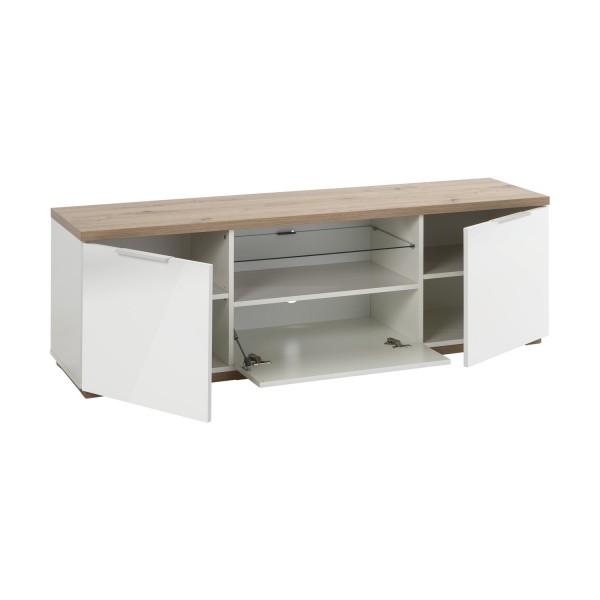Vista diagonale Mobile porta tv moderno  in legno colore "Bianco Laccato/Rovere Rivera" con 6 cassetti modello Orbis Totò Piccinni