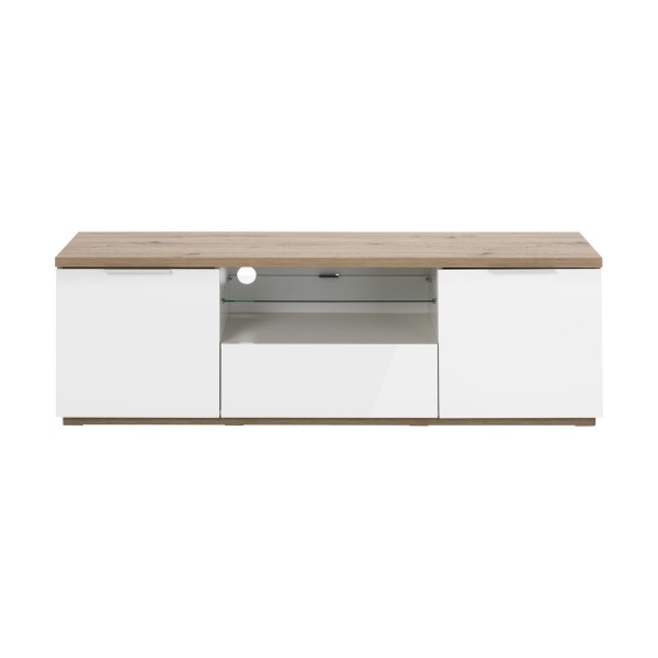 Vista frontale Mobile tv  in legno colore "Bianco Laccato/Rovere Rivera" con 6 cassetti modello Orbis Totò Piccinni