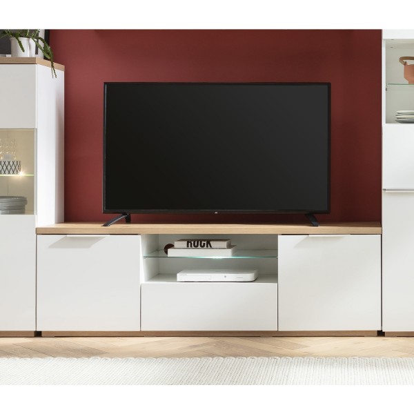 Vista ambientata Mobile porta tv classico in legno colore "Bianco Laccato/Rovere Rivera" con 6 cassetti modello Orbis Totò Piccinni
