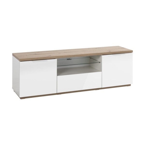 Vista diagonale Mobile porta tv in legno colore "Bianco Laccato/Rovere Rivera" con 6 cassetti modello Orbis Totò Piccinni